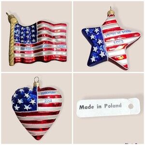 3pc Patriotic Ornaments Poland 2002 Winterthur Museum Flag Star Heart w/ Box